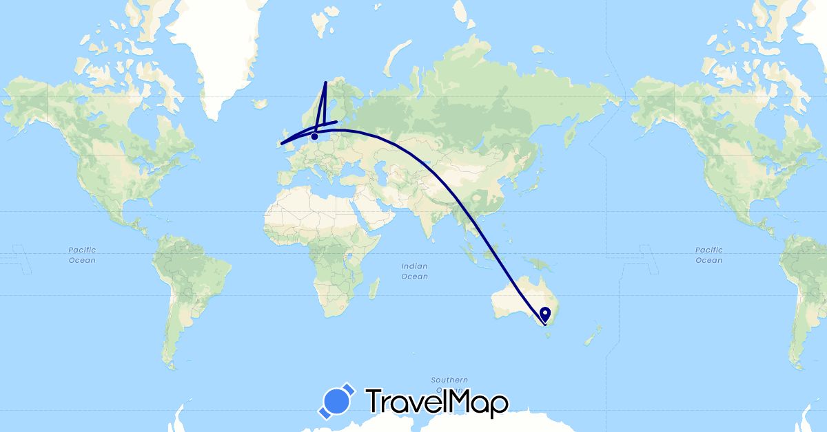TravelMap itinerary: driving in Australia, Denmark, Finland, Ireland, Norway, Sweden (Europe, Oceania)